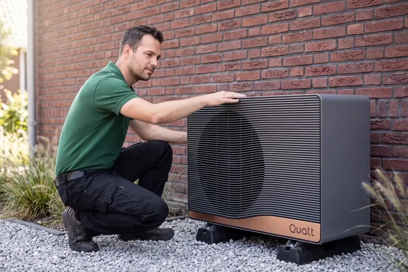 Monteur bij een warmtepomp-buitenunit tegen een bakstenen gevel