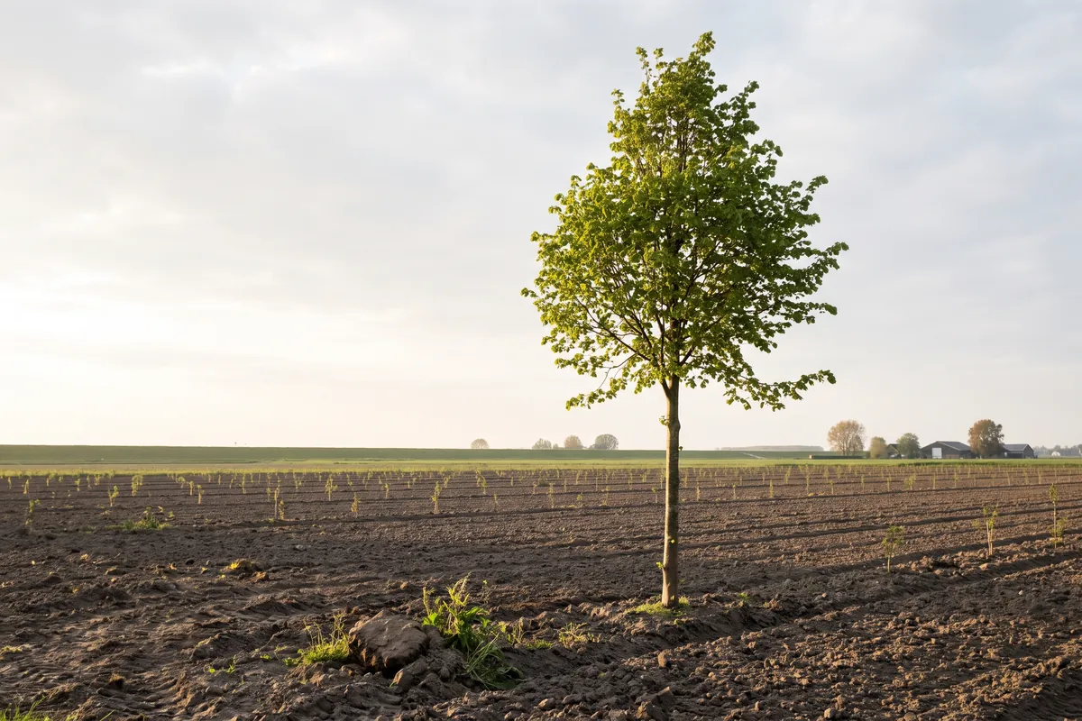 Jonge lindeboom in een aanplantveld in de polder