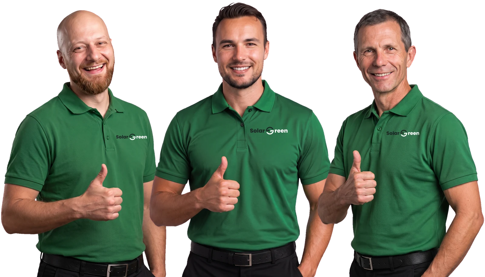 Drie monteurs van Solar Green in de groene bedrijfspolo met de duim omhoog