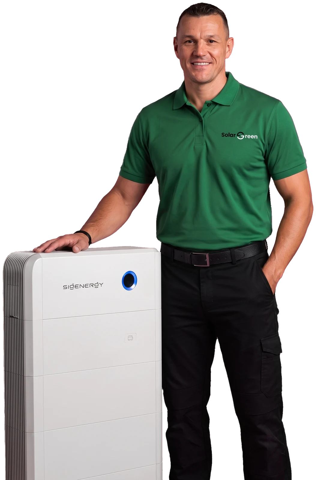 Monteur van Solar Green naast een Sigenergy SigenStor thuisbatterij