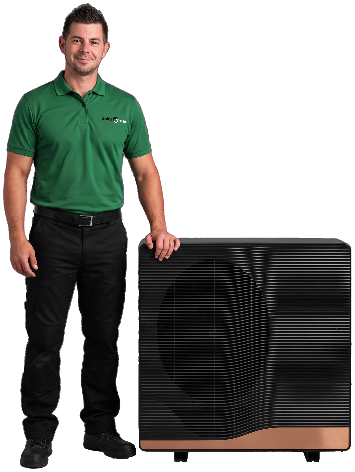 Monteur van Solar Green naast een warmtepomp-buitenunit