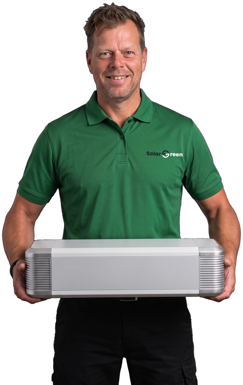 Monteur van Solar Green met een accumodule uit eigen voorraad