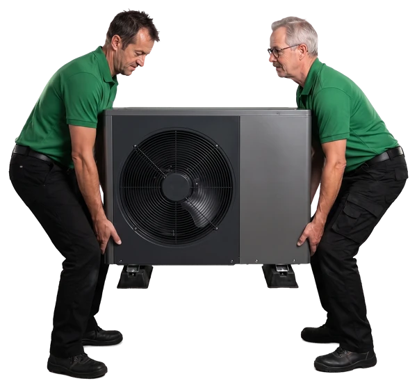 Twee monteurs van Solar Green zetten samen een warmtepomp-buitenunit neer