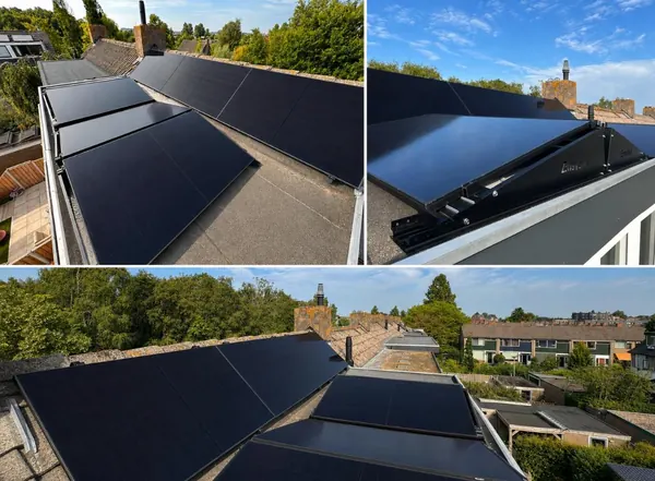 Drie foto's van zonnepanelen op een plat dak