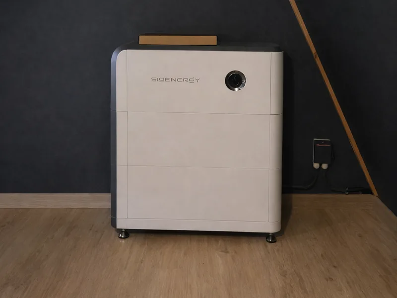 Thuisbatterij op een houten vloer voor een donkere wand