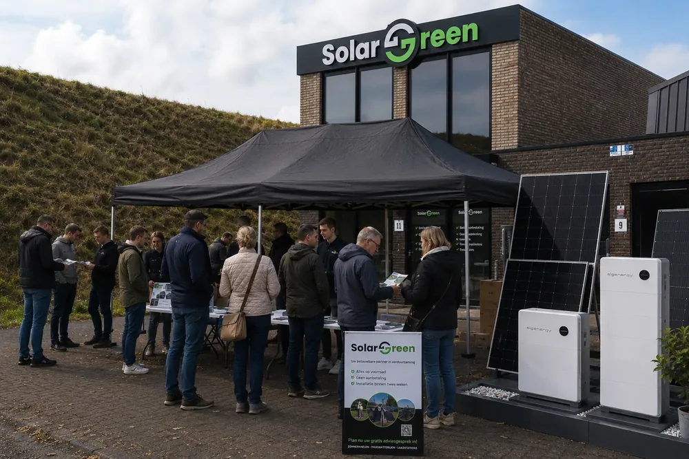 Het pand van Solar Green in Rotterdam tijdens de open dag, met bezoekers, zonnepanelen en thuisbatterijen voor de deur